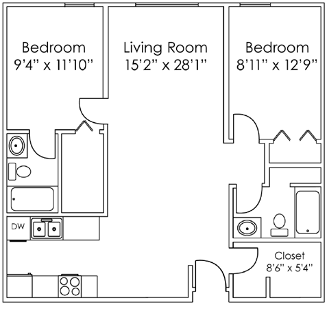 Floor plan for 2 beds, 2 baths, 982 sqft